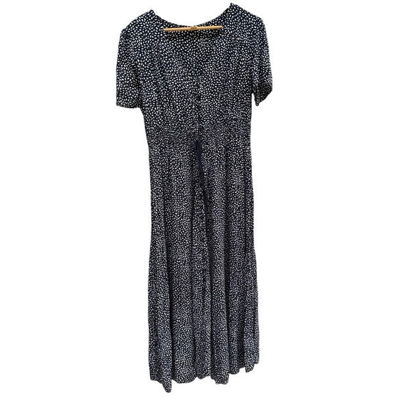 Navy Blue Womens Polka Dot Dress maxi button front XL stretch smocked waist - Picture 2 of 11